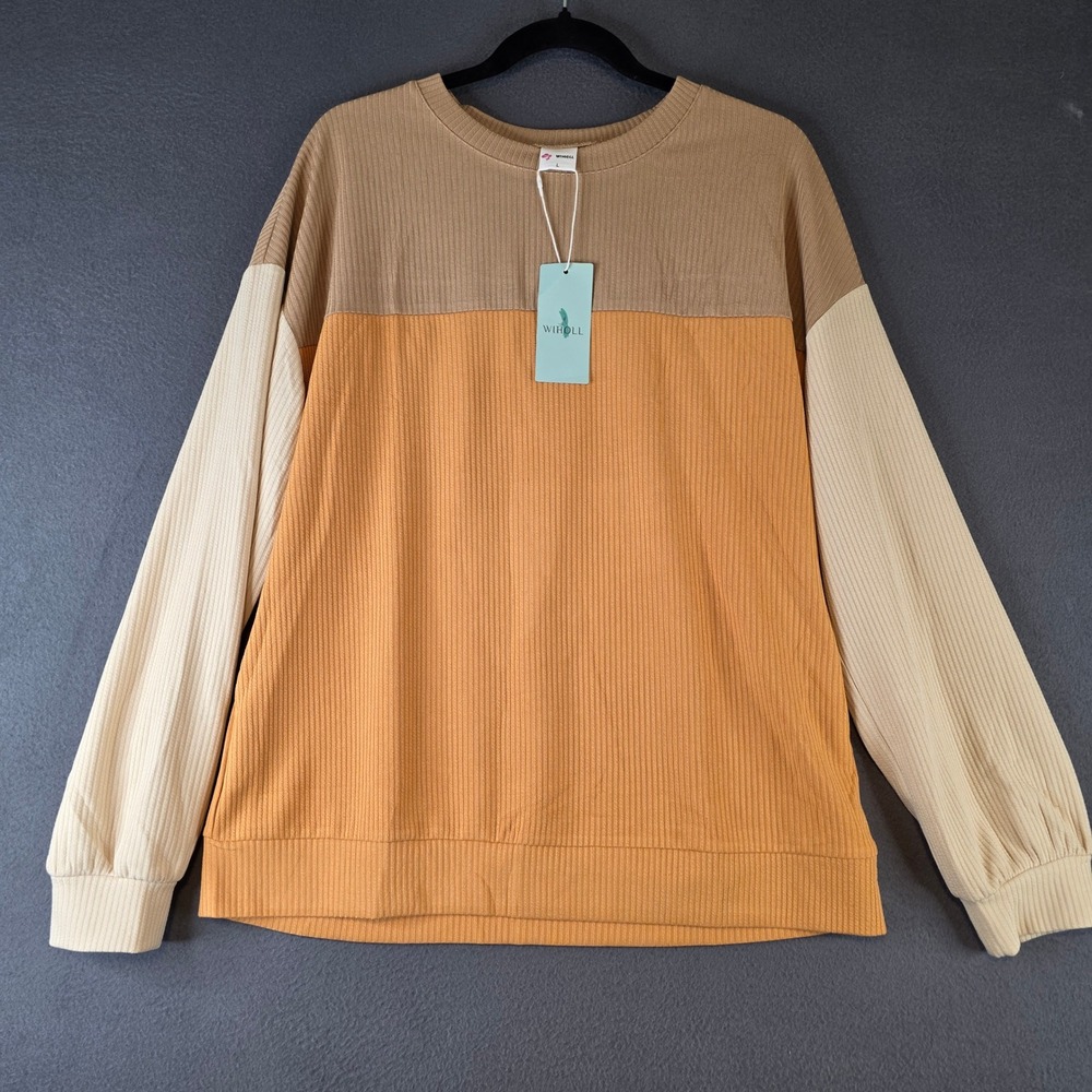 WIHOLL Womens Colorblock Ribbed Knit Pullover Sweater Tan Orange Large NEW